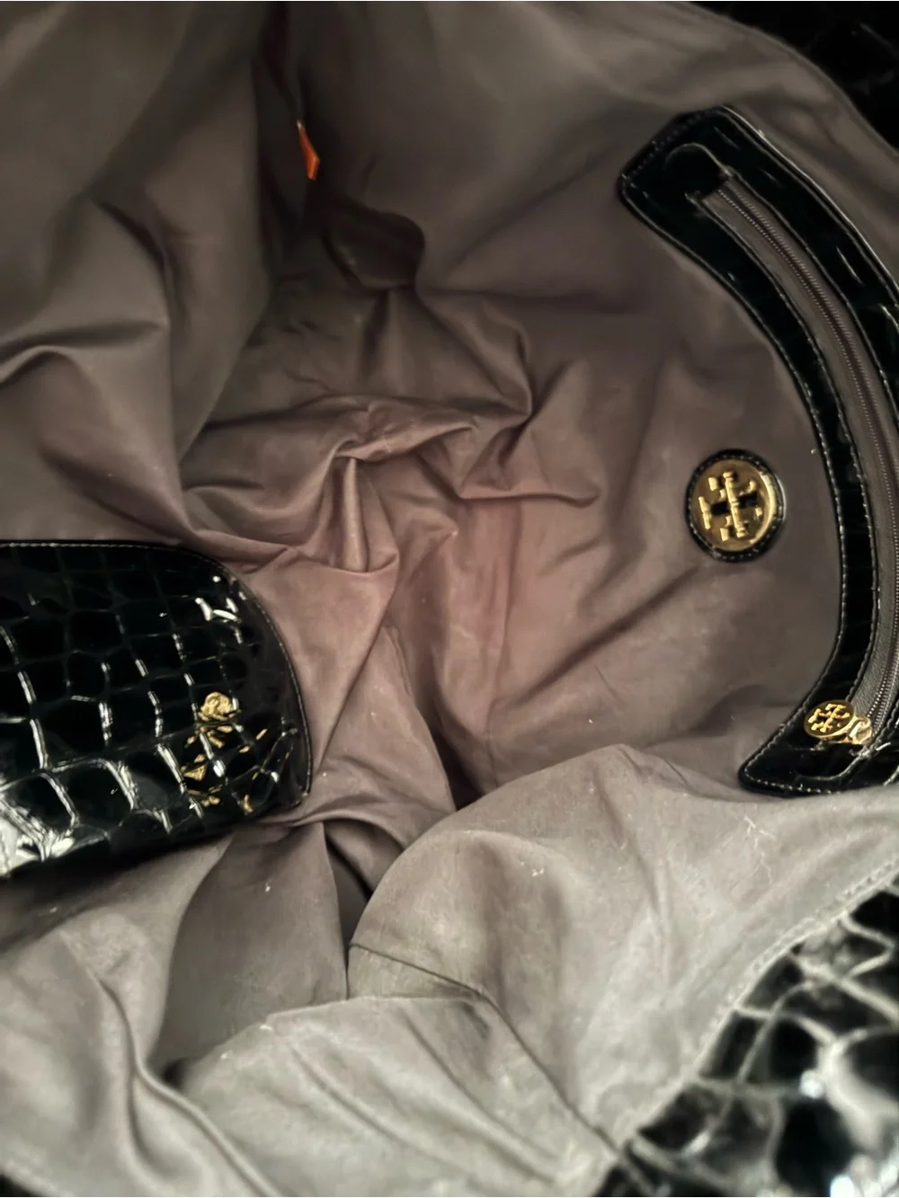Tory Burch Black Croc-Embossed Patent Leather Tote Shoulder Bag Gold Hardware